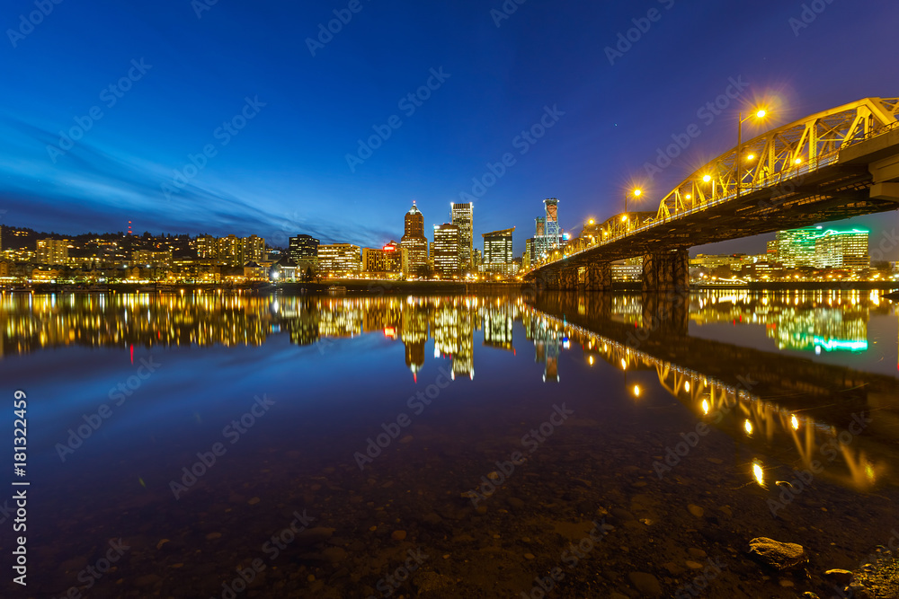 Portland OR Downtown city skyline and Hawthorne Bridge at Blue Hour USA
