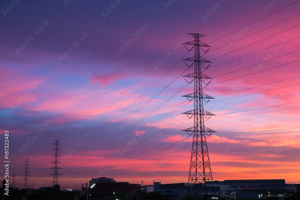 Fototapeta premium High voltage poles on sunset.