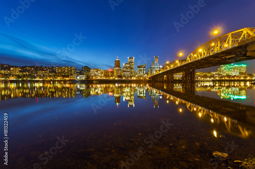 Portland OR Downtown city skyline and Hawthorne Bridge at Blue Hour USA