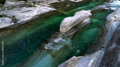 The valley of the Verzasca river with clear water. Lavertezzo, Switzerland.