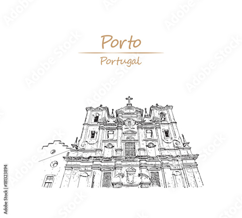 Hand drawn sketch of Prospective view of baroque facade of Church of Clerigos or Igreja dos Clerigos in historic center of Porto, Portugal in vector illustration.