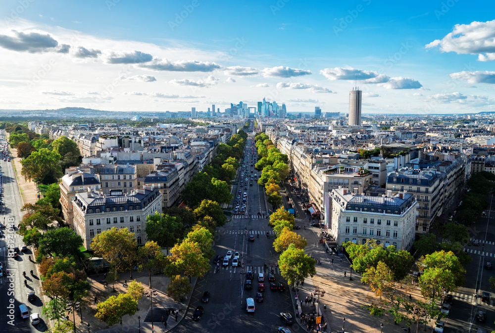 panoramic skyline of Paris city towards La Defense district from above, France, retro toned