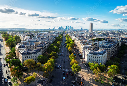 panoramic skyline of Paris city towards La Defense district from above, France, retro toned