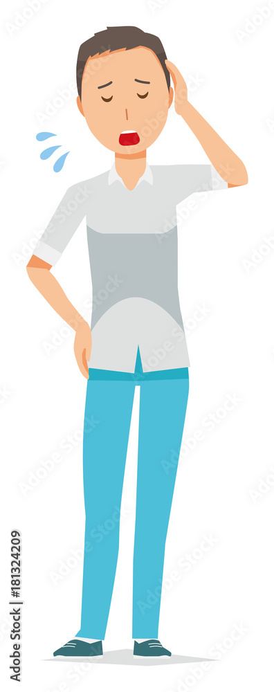 Illustration that a man wearing a short sleeve shirt is tired