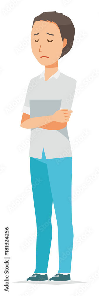 Illustration that a man wearing a short-sleeved shirt is depressed