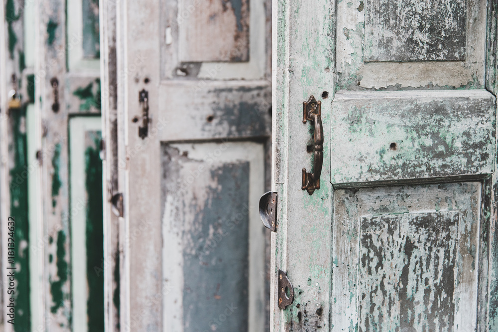 Old Wooden Door with Faded and Peeling Paint, Beautiful Texture