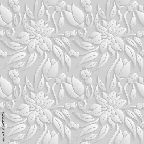 Seamless 3D white floral pattern, vector. Endless texture can be used for wallpaper, pattern fills, web page background, surface textures.