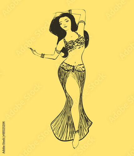 Vector oriental belly dance, hand drawn illustration. Arabian beautiful woman with long hair.