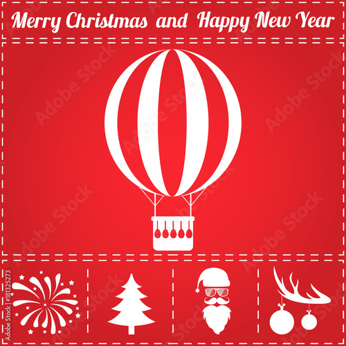 Air balloon Icon Vector. And bonus symbol for New Year - Santa Claus, Christmas Tree, Firework, Balls on deer antlers