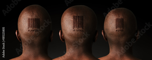 Illustrative image of three African men with retail barcode tattoos. photo