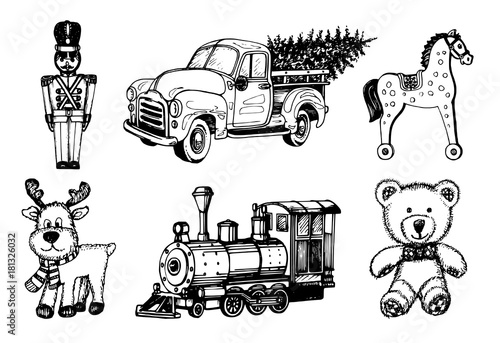 Vector hand drawn illustrations of Christmas toys. New Year images for greeting card, poster etc
