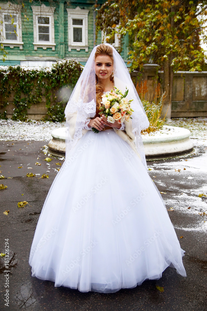 Beautiful young bride posing in a wedding dress