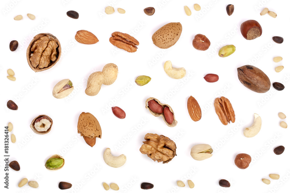 mix of different nuts isolated on white background, Flat lay pattern, Top view mix of different nuts isolated on white background, Flat lay pattern, Top view