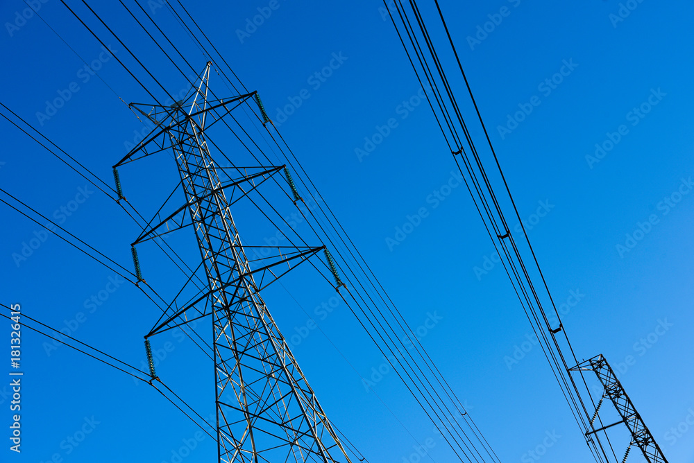 electricity transmission and blue sky at dusk , Power Tower at bangkok in thailand electricity transmission and blue sky at dusk , Power Tower at bangkok in thailand