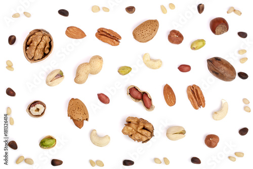 mix of different nuts isolated on white background, Flat lay pattern, Top view