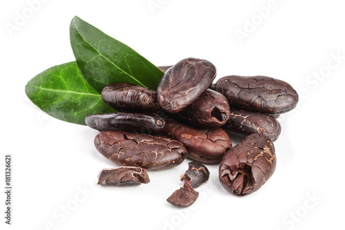 peeled cocoa bean with leaf isolated on white background