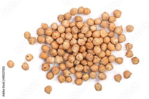 Dry raw organic chickpeas isolated on white background. Top view