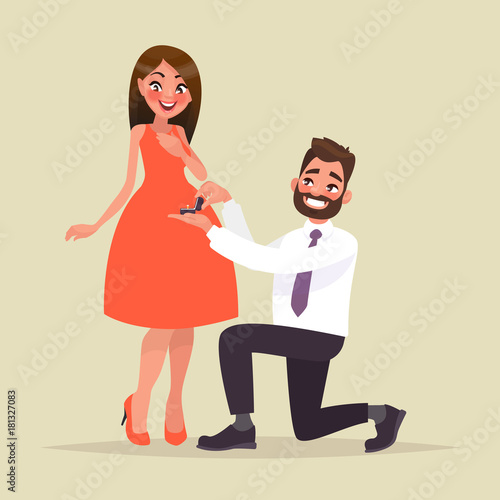 An offer of marriage. Man proposes a woman to marry him and gives an engagement ring