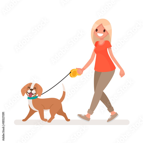 Woman is walking with a dog. Vector illustration in a flat style