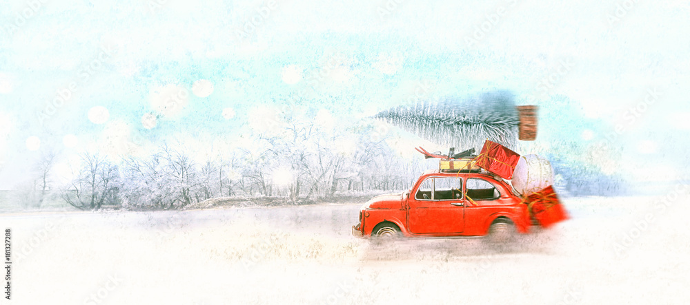 Joyeux Noel Voiture Rouge Et Sapin Dans La Neige Stock Photo Adobe Stock