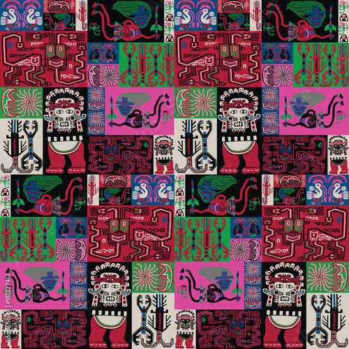 seamless background with bright patterns in the style of Peruvian bedspreads