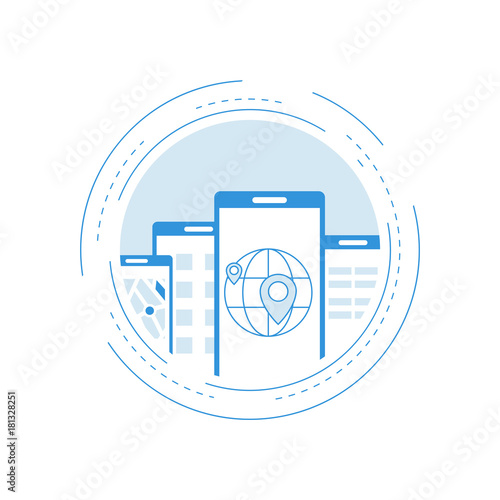 Online mapping and locating on smartphone, GPS navigation flat line vector illustration design. Design for web banners and apps