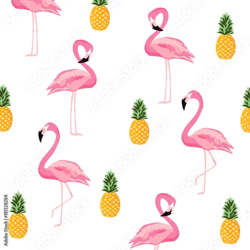 Tapety Ananasa i flaminga na białym tle wzór tła. Ładny projekt plakatu. Tapeta, zaproszenie karta, tekstylnego druku wektorowy ilustracyjny projekt