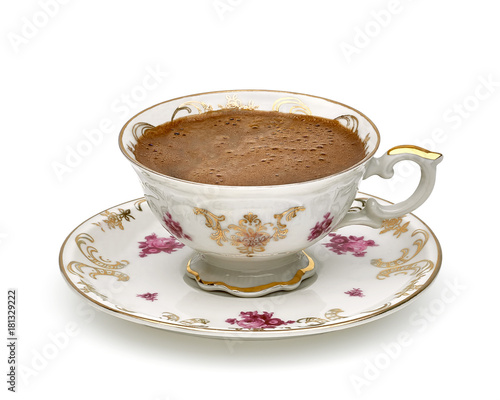 Photography Turkish coffee in vintage or antique porcelain cup on white background with clip