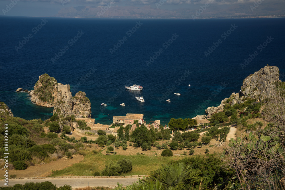 View of the Tonnara from the town of Scopello, Trapani, Sicily, Italy