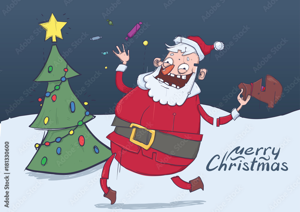 Christmas card of funny Santa Claus. Santa brings gifts and throws candies in the air. Decorated Christmas tree. Horizontal vector illustration. Cartoon character with lettering. Copy space.