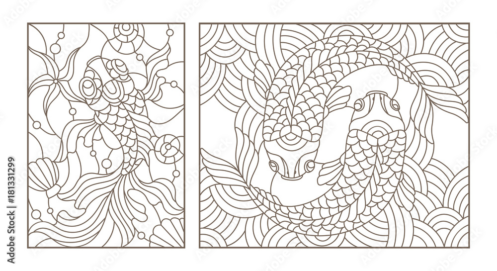 Fototapeta premium Set contour illustrations of stained glass with gold fish , black contour on white background