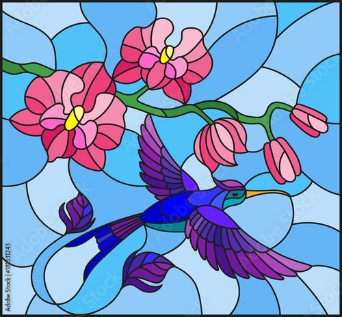 Illustration in stained glass style with a branch of pink Orchid and bright bird Hummingbird on a blue background