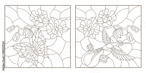 Fototapeta Naklejka Na Ścianę i Meble -  Set contour illustrations of stained glass with a sprig of orchids, a butterfly and a Hummingbird, a dark outline on a white background