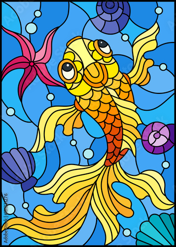 Illustration in stained glass style with a goldfish on a background of shells and water