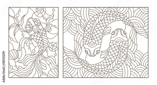 Set contour illustrations of stained glass with gold fish , black contour on white background
