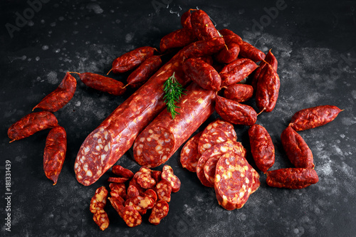 Variety of dry cured Spanish pork chorizo sausages made with paprika and garlic