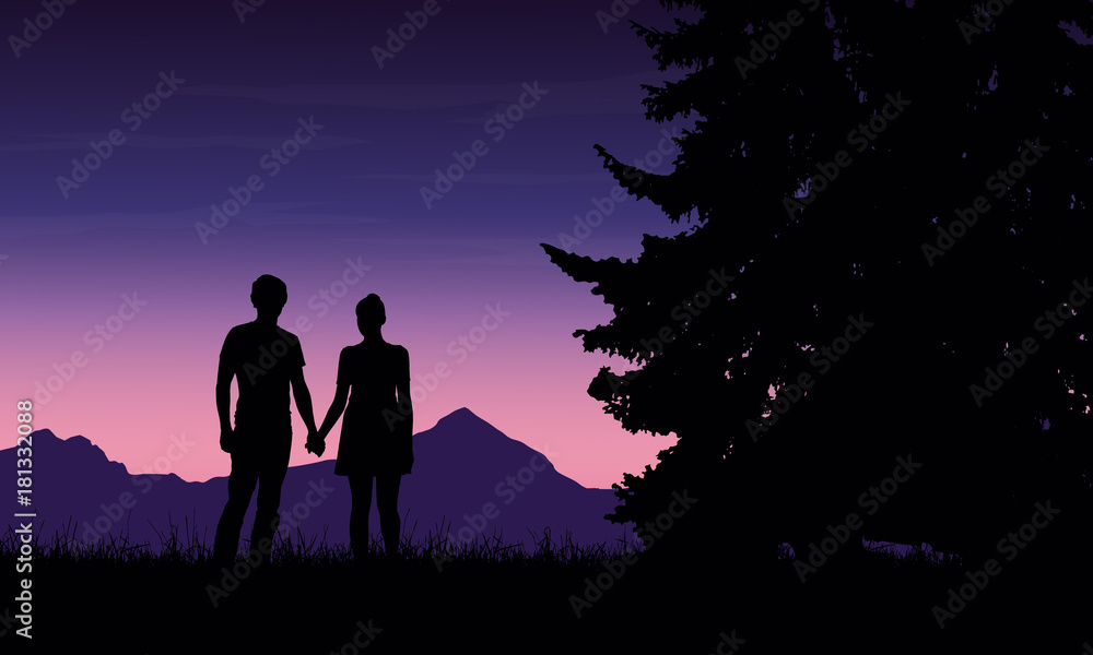 Realistic illustration of a silhouette of a loved man and woman on a romantic stroll through a mountain landscape with trees under a blue sky with dawn