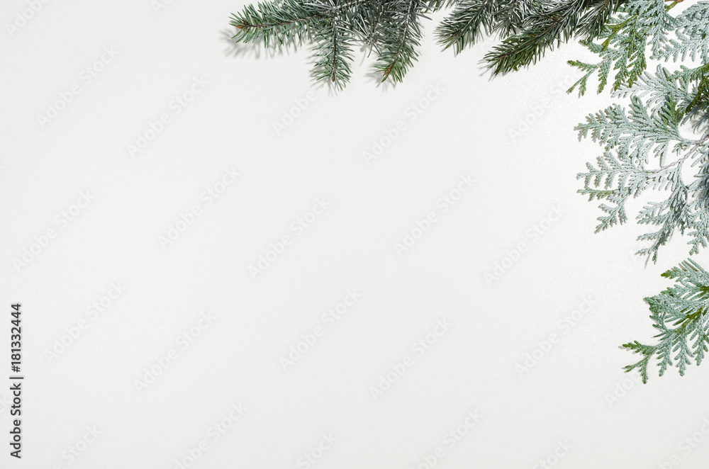 Fototapeta premium Christmas background frame top view on white seamless background with copy space around products. Decorations isolated on white. Horizontal and diagonal composition.