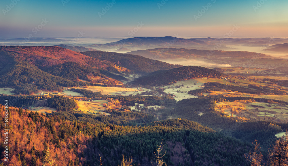 panorama of Beskidy mountains in the morning, Poland landscape