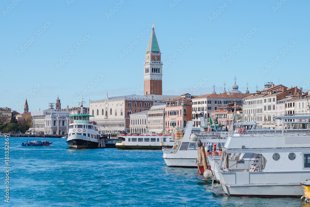 italy city travel background with sea, boat, building. image for architecture, landmark, landscape, europe, concept