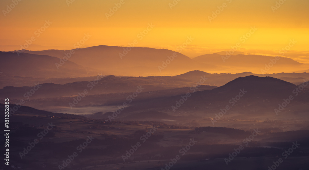 Misty mountain landscape in the morning, Poland