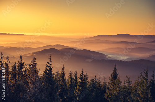 Misty mountain landscape in the morning, Poland