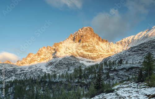 Lake in the mountain valley in the Italy. Beautiful natural landscape in the Italy mountains. photo