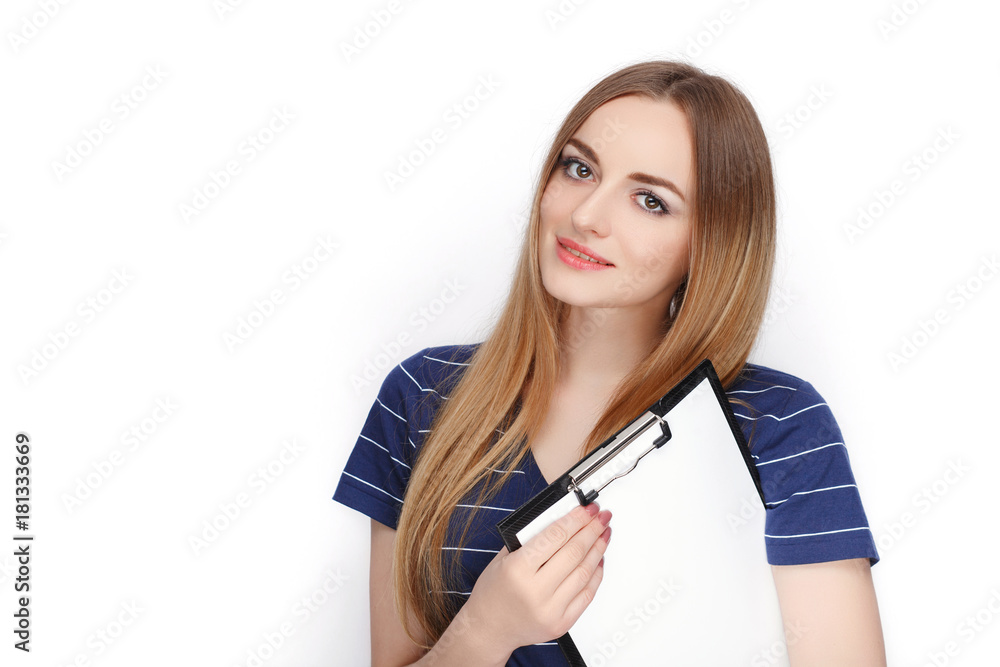 Adorable fresh looking blonde woman in blue t shirt holding clip folder. Business idea and emotion concept. Adorable fresh looking blonde woman in blue t shirt holding clip folder. Business idea and emotion concept.