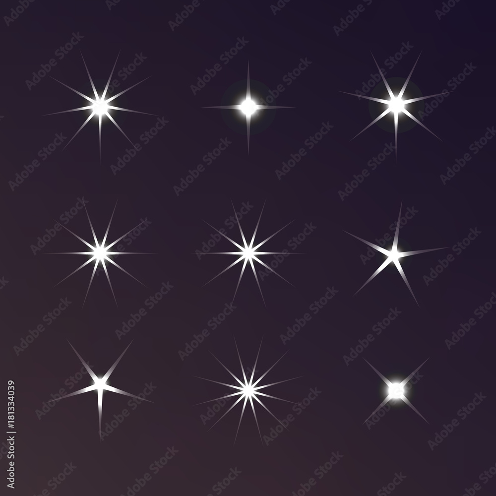 Sparkle lights stars set. Glowing light effect star. Sparkle lig Sparkle lights stars set. Glowing light effect star. Sparkle lig