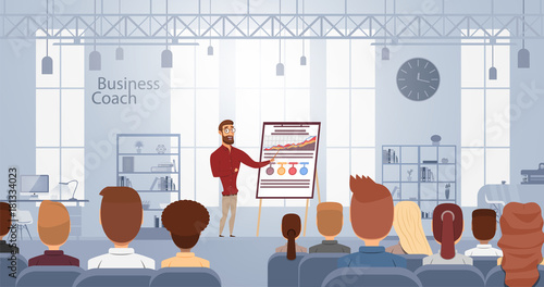 Influence lecture talking about business training at smart coach center. Vector illustration. Conference meeting concept.