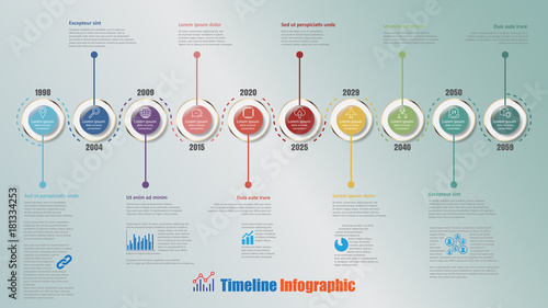 Modern timeline infographic with 10 steps circle designed for template brochure diagram planning presentation process webpages workflow. Vector illustration