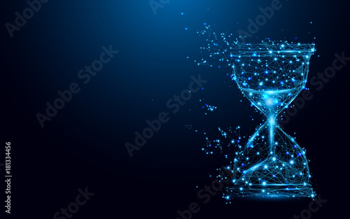 Hourglass icon from lines and triangles, point connecting network on blue background. Illustration vector photo