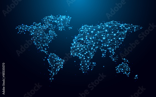 world map from lines and triangles, point connecting network on blue background. Illustration vector