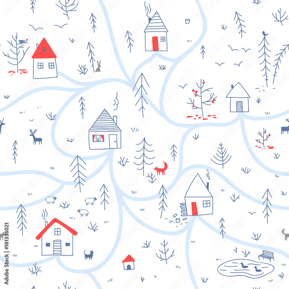 houses in winter forest seamless pattern with animals blue colors